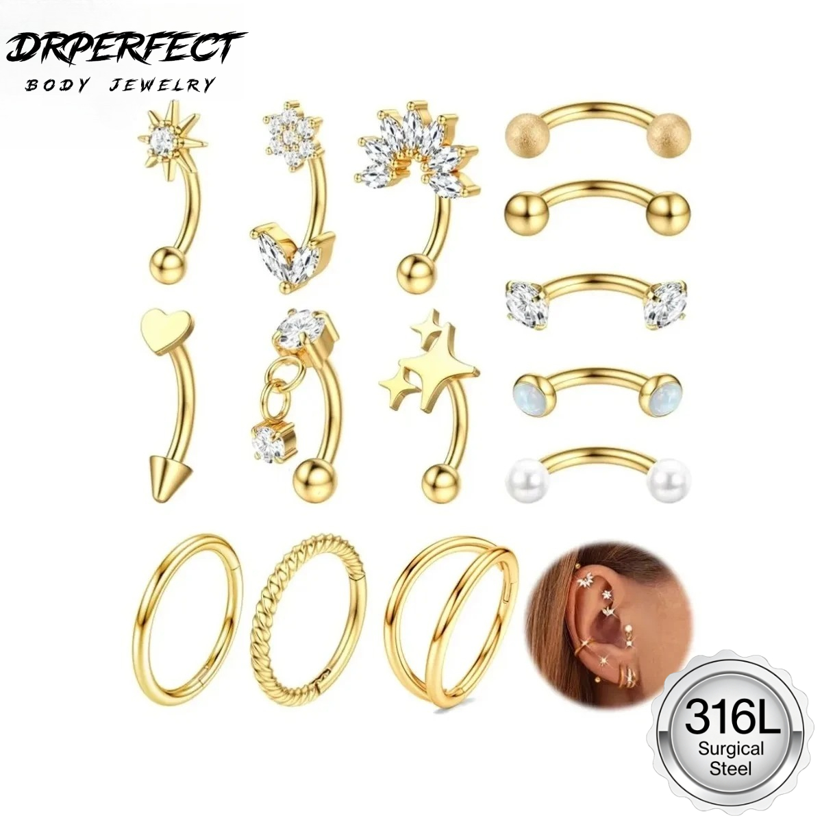 Eyebrow Curved Barbell - Drperfect 1PC Rook Wenkbrauw Piercing 16G