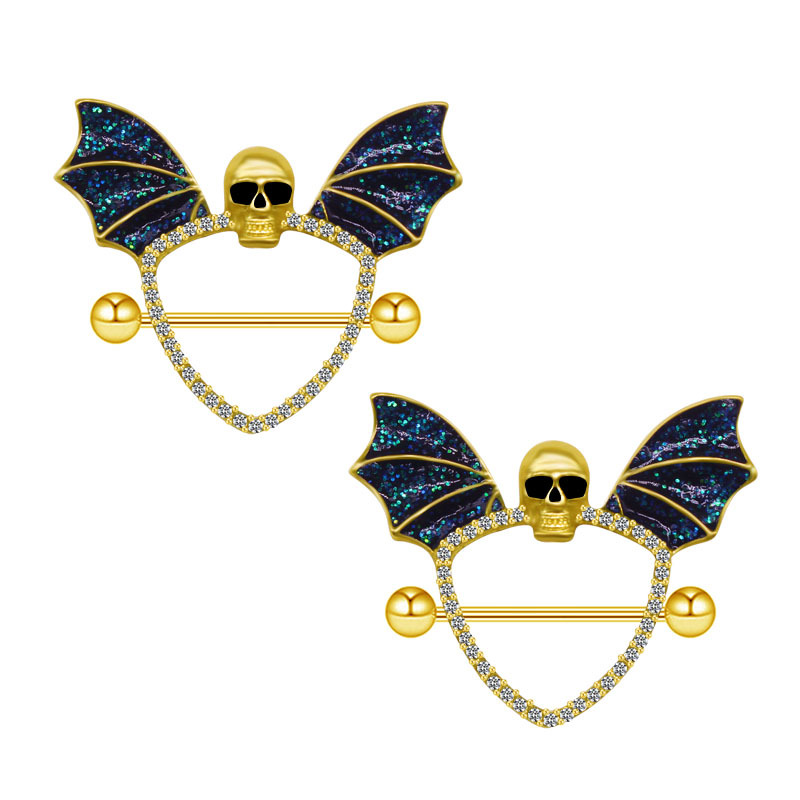 Body Piercing Quality Jewelry - Bling Skull Wing Bat Black Tepel