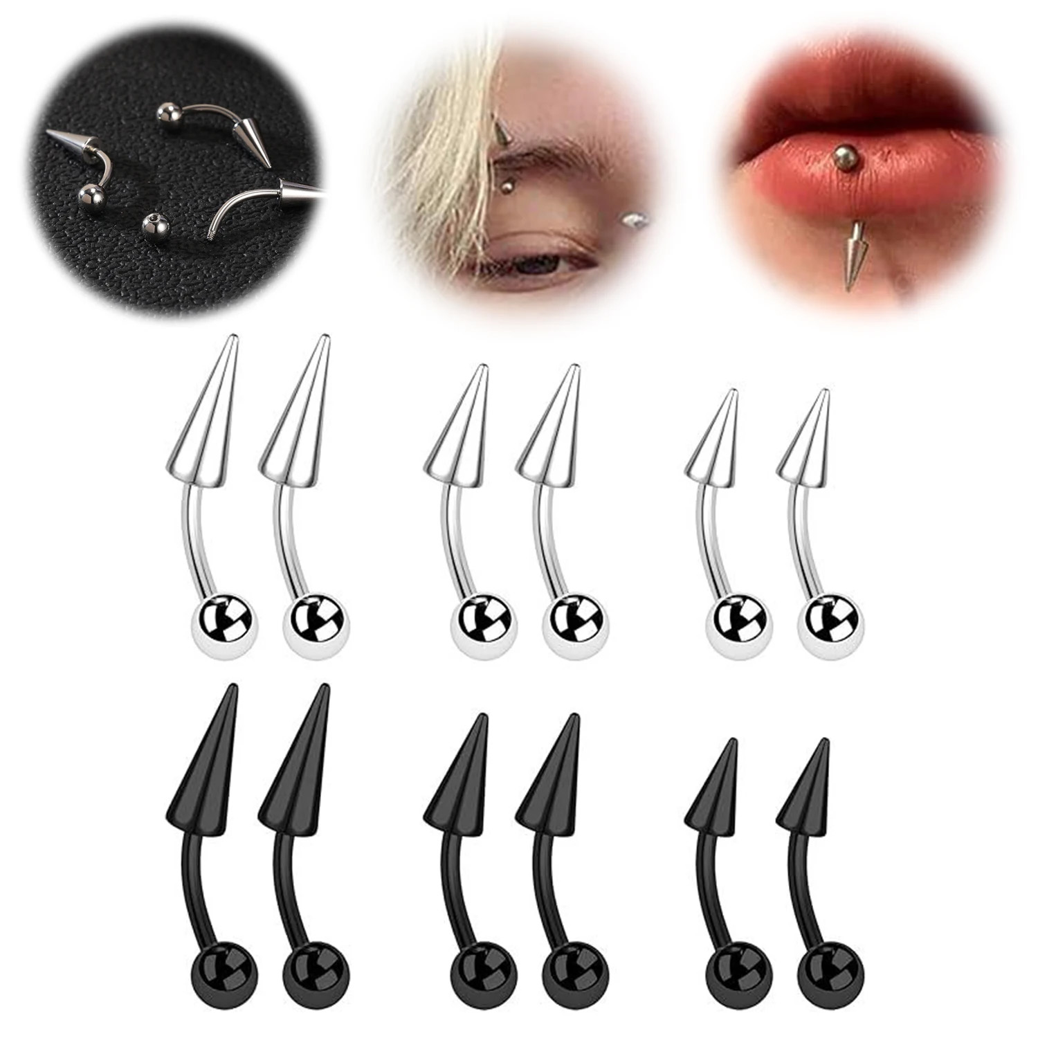 Eyebrow Curved Barbell - 1PC 16G Lange Spike Brug Rvs