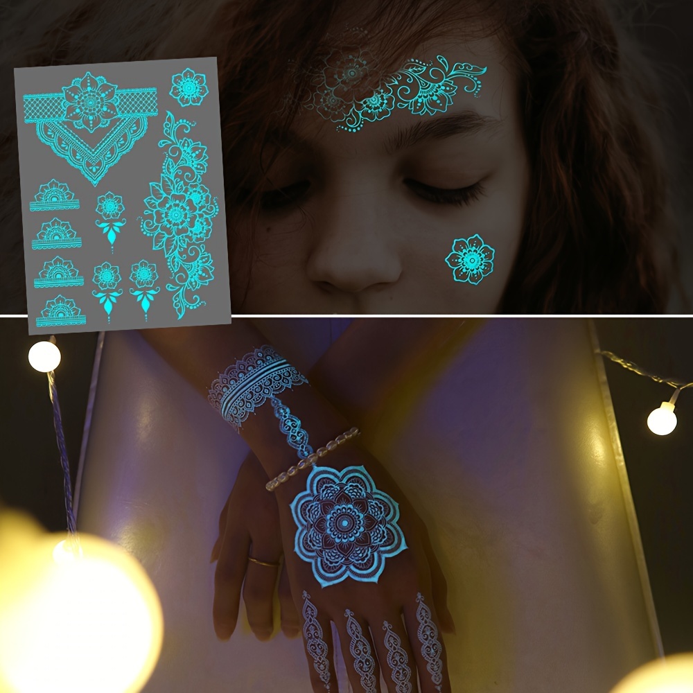 Blauwe lichtgevende henna tatt - Body Jewelry Glue recensie en prijs